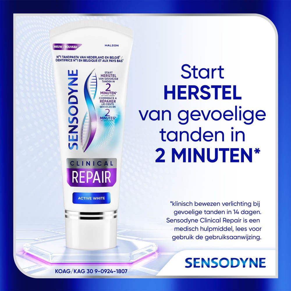 Tube Sensodyne Clinical Repair Active White tandpasta. Tekst: Herstelt gevoelige tanden in 2 minuten.