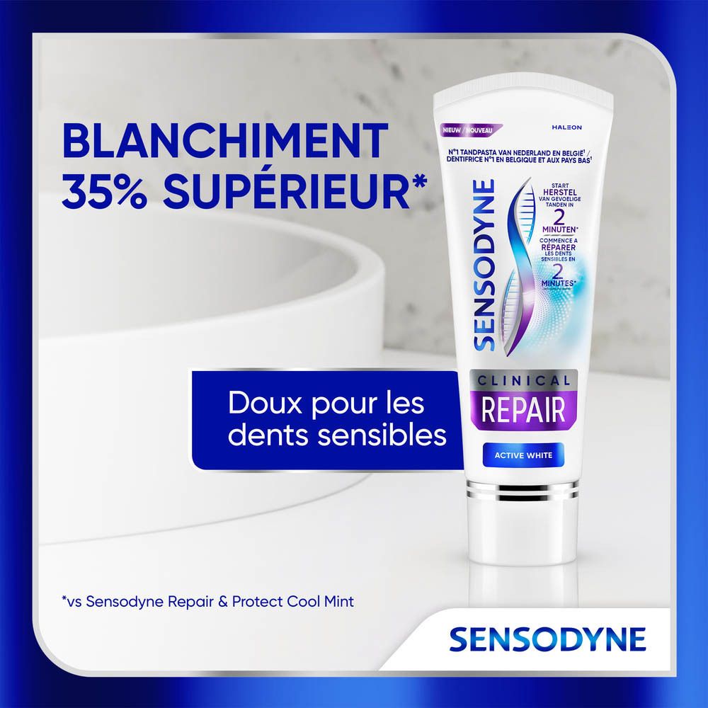Tube de dentifrice Sensodyne Clinical Repair Active White. Texte : Blanchiment 35% supérieur. Doux pour les dents sensibles.