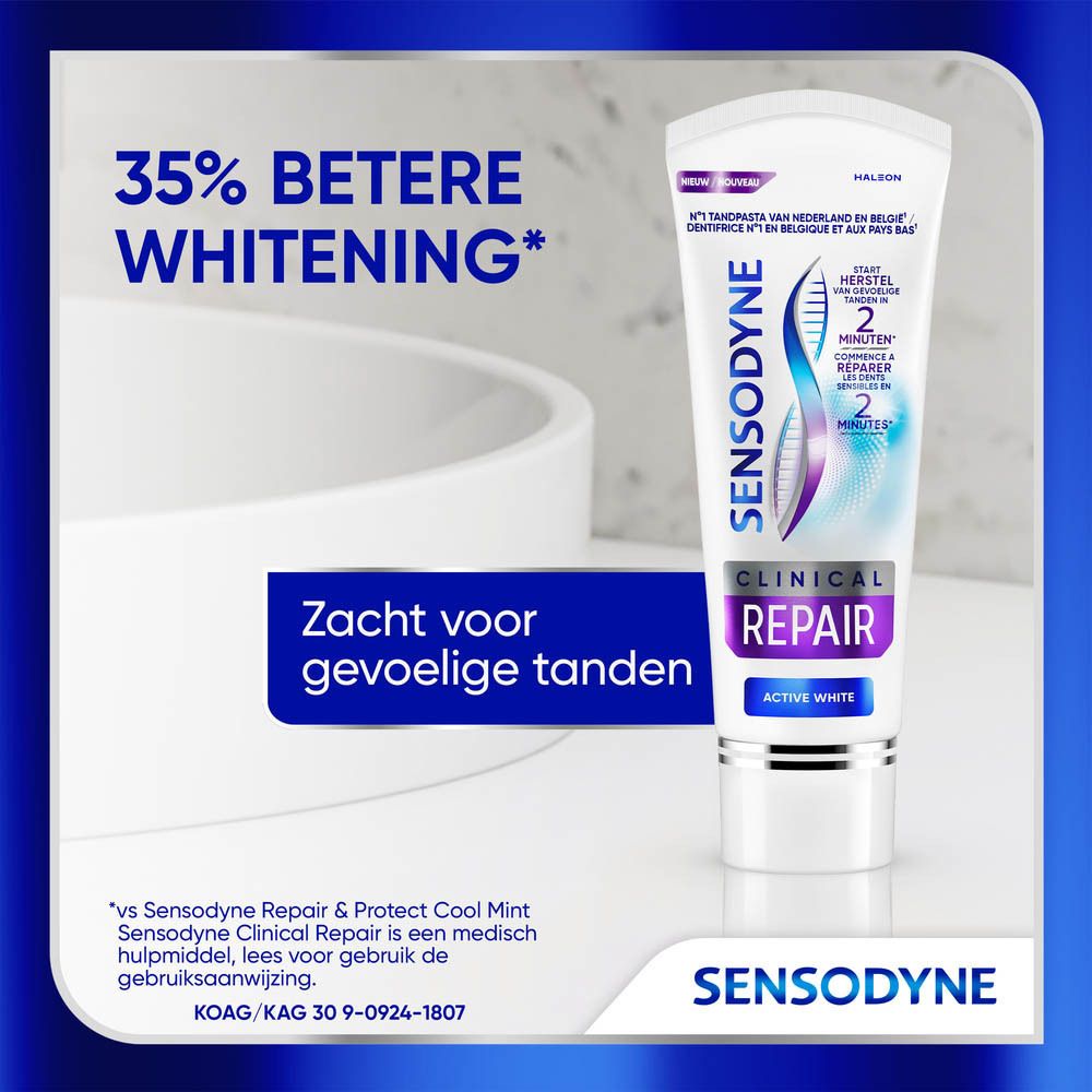 Tube Sensodyne Clinical Repair Active White tandpasta. Tekst: 35% betere whitening. Zacht voor gevoelige tanden.