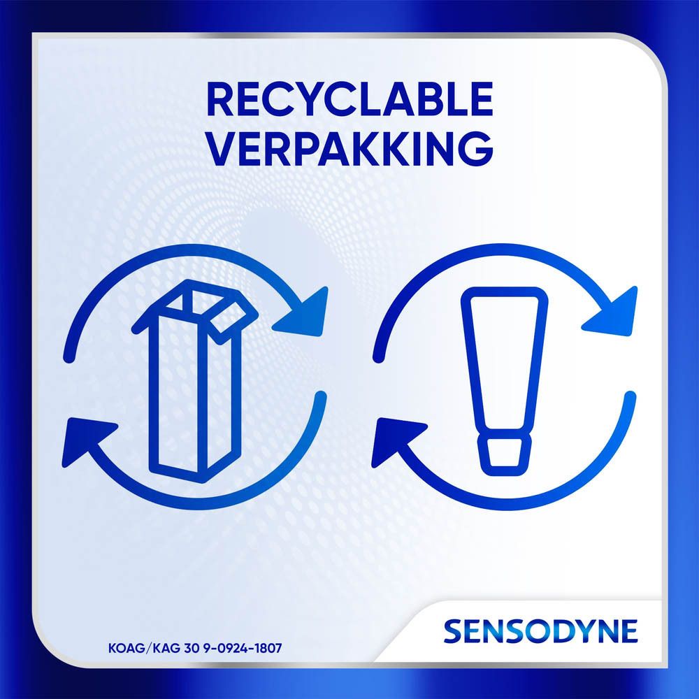 Grafiek met recycling symbolen voor tube en karton. Tekst: Recyclebare verpakking. Sensodyne logo.
