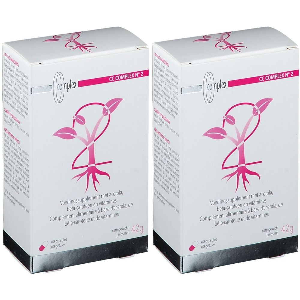 Twee witte dozen met CC-Complexe No.2 logo en bloemmotief. Meertalige tekst, 60 capsules, 42g.