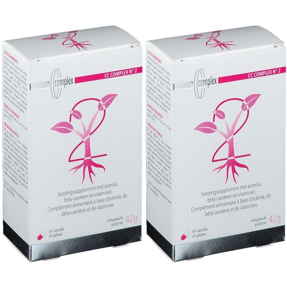 Twee witte dozen met CC-Complexe No.2 logo en bloemmotief. Meertalige tekst, 60 capsules, 42g.