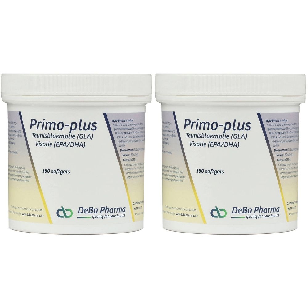 Twee witte potten met deksels. Opschrift: Primo-plus, Teunisbloemolie (GLA), Visolie (EPA/DHA), 180 softgels. Logo DeBa Pharma.