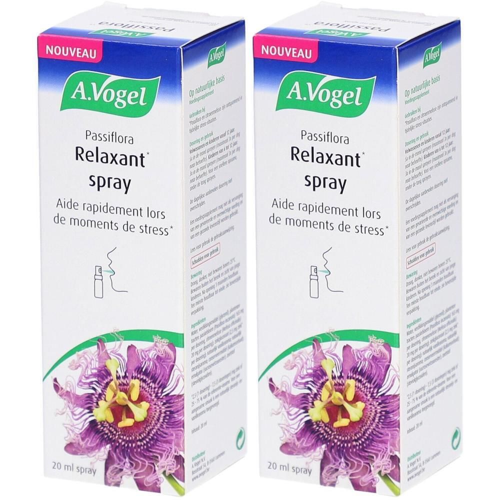 Twee dozen A.Vogel Passiflora Relaxant spray. Blauwe verpakking met productnaam en bloemillustratie.