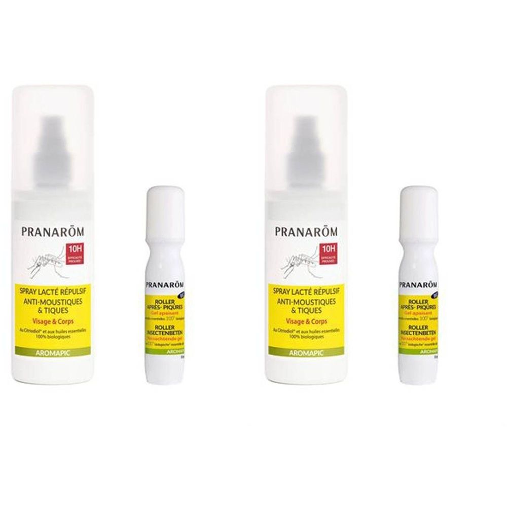Deux sprays et deux rollers. Inscription: PRANAROM, Spray Lacté Répulsif Anti-Moustiques & Tiques, Visage & Corps. Roller après-piqûres.