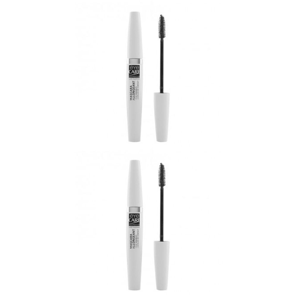 Deux tubes de mascara blancs avec des brosses noires. Le tube porte l'inscription "Eye Care Mascara Allongeant".