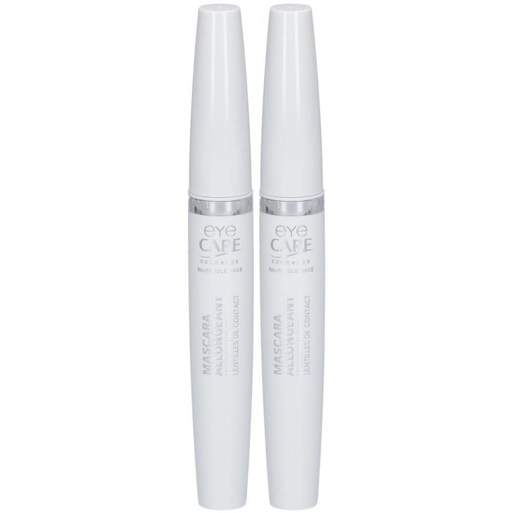 Deux tubes de mascara blancs avec des accents argentés. Inscription : EYE CARE, Mascara Allongeant, pour porteurs de lentilles.