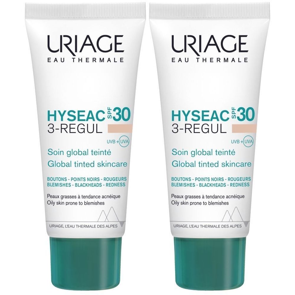 Deux tubes de Uriage Hyseac SPF30 3-REGUL. Blanc, bouchon vert. Texte: HYSEAC 30, Soin global teinté, contre les imperfections.
