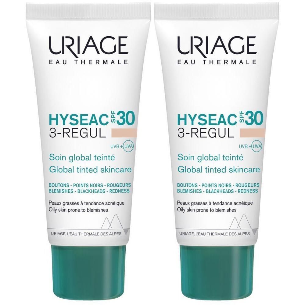 Twee tubes Uriage Hyseac SPF30 3-REGUL. Wit, groene dop. Tekst: Hyseac, 3-REGUL, Soin global teinté, Oily skin prone to blemishes.