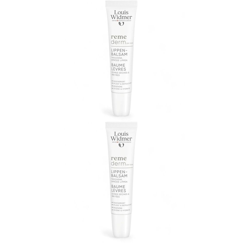 Twee witte tubes lippenbalsem. Opschrift: Louis Widmer, remederm, Lippenbalsam, Baume Lèvres.