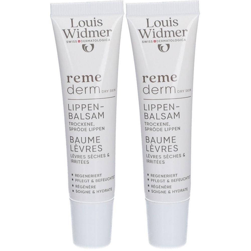 Deux tubes de Baume Lèvres Louis Widmer Remederm. Blancs, avec texte et logo. Nom du produit et indication.