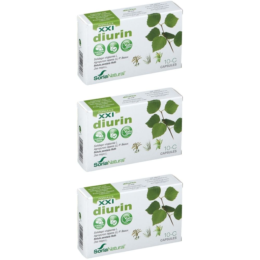 Trois boîtes "XXI diurin" et "10-C CAPSULES". Marque Soria Natural. Emballage vert et blanc.