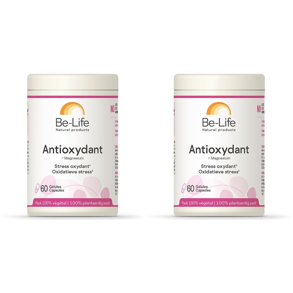 Twee witte potten met "Be-Life Antioxydant". Opschrift "Stress oxydant". Bevat 60 capsules. Opschrift "100% vegetal".