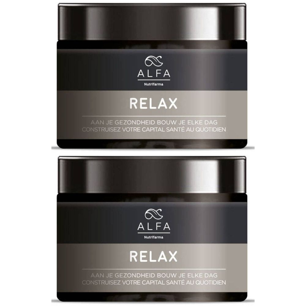 Twee potten met de tekst "ALFA Relax". Donkere containers met zilveren deksels en etiketten met tekst.