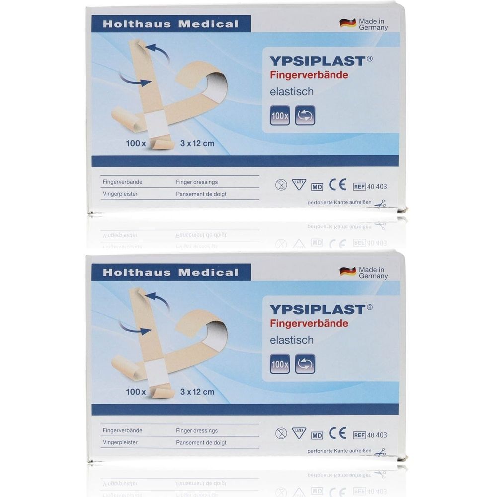 Twee verpakkingen YPSIPLAST vingerverband. Elke verpakking toont een model vingerverband, 3x12 cm, elastisch. CE-markering.