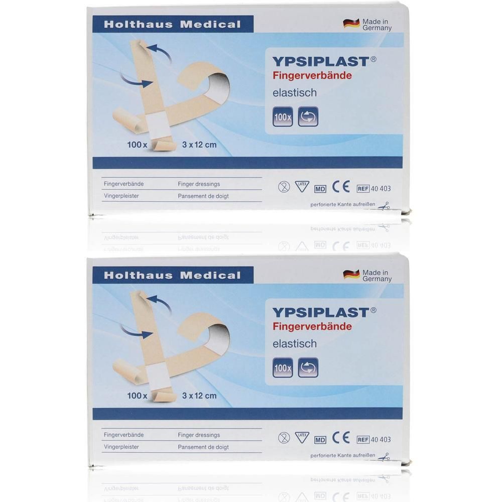 Deux boîtes de pansements pour doigts YPSIPLAST. Chaque boîte contient 100 pièces, 3 x 12 cm. Marque : Holthaus Medical. Marquage CE.