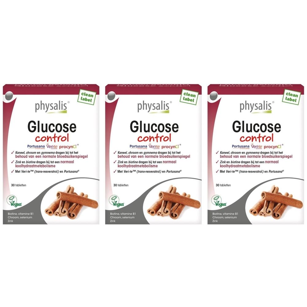 Drie dozen Physalis® Glucose Control. Witte verpakking met rode en groene tekst. Kaneelstokjes onderaan.