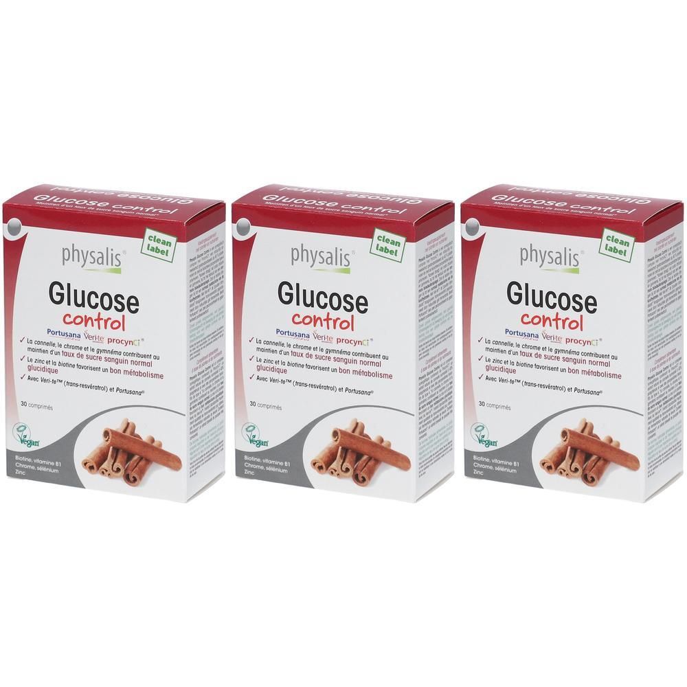 Drie dozen physalis® Glucose Control. Rode en witte verpakking met productnaam en afbeelding van kaneelstokjes.