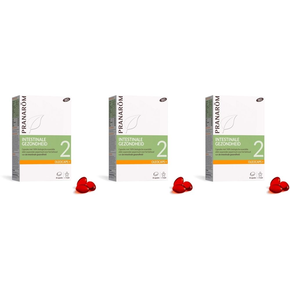 Drie dozen Pranarôm Oleocaps+ 2, Intestinale gezondheid. Rode capsules ervoor. Opschrift: 2, Vegan.