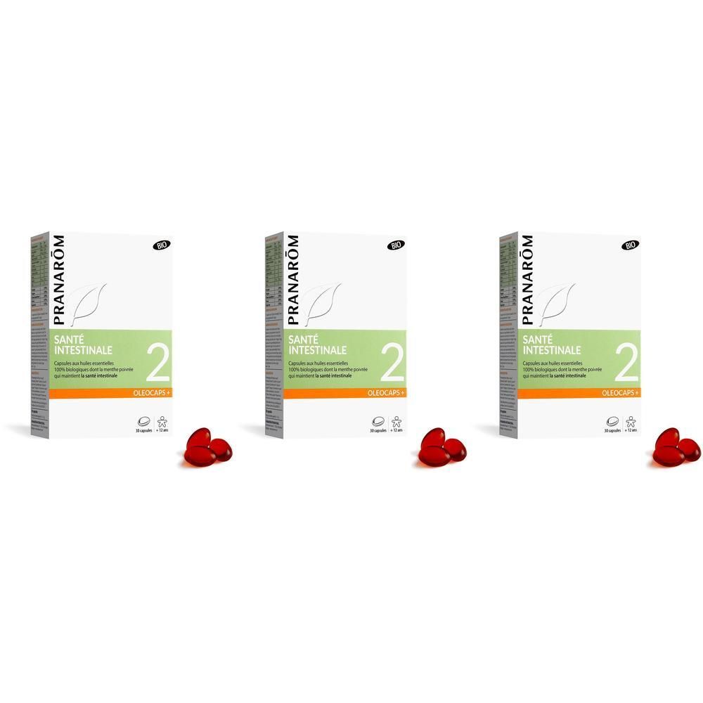 Drie dozen Pranarôm Santé Intestinale 2, met rode capsules.