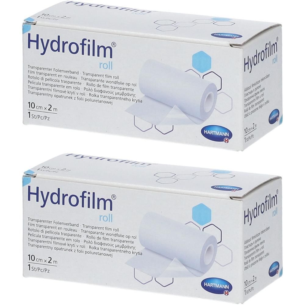 Twee dozen Hydrofilm® Roll. Witte dozen met productnaam en logo. 10 cm x 2 m.