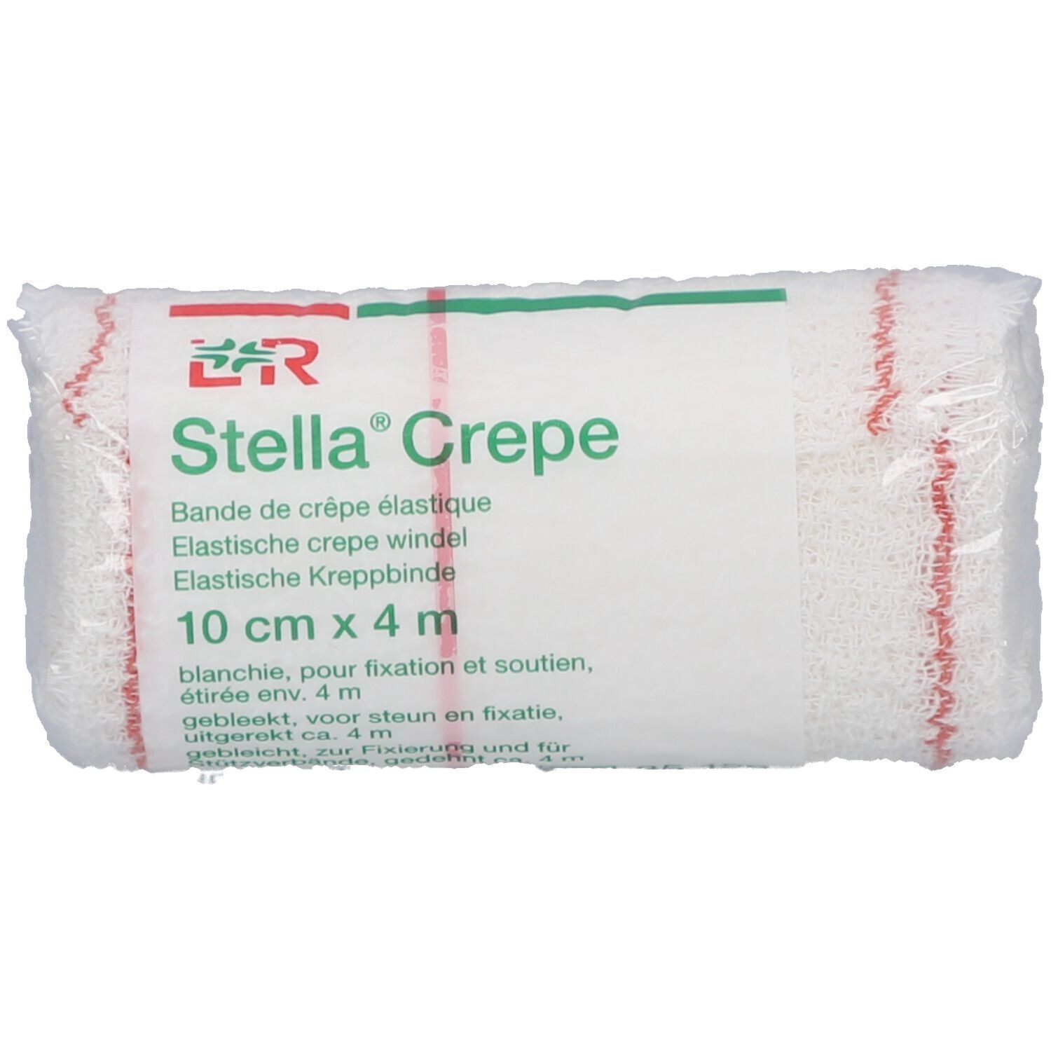 Bande de crêpe élastique blanche, 10 cm x 4 m. Inscription: Stella Crepe. Emballée.