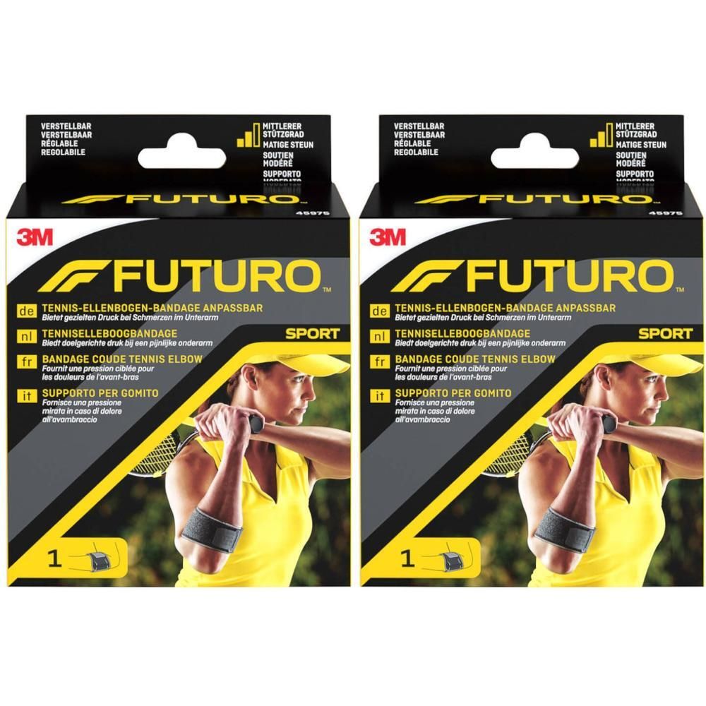 Twee verpakkingen 3M™ Futuro™ Sport tenniselleboogbandage. Zwarte bandage op de arm van een persoon die tennist. Productnaam op de verpakking.