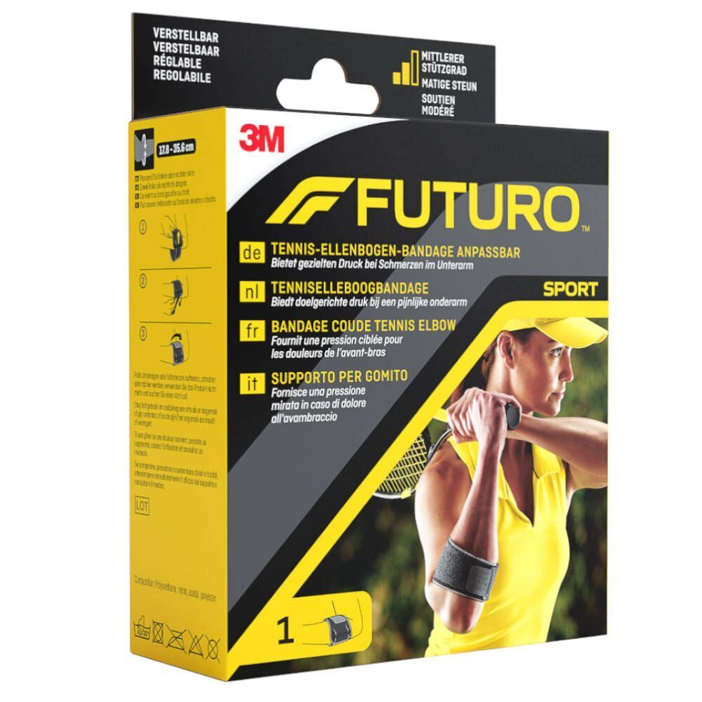 3M™ Futuro™ Sport tenniselleboogbandage in verpakking. Persoon met bandage om de arm, tennist. Verpakking met productnaam en kenmerken.