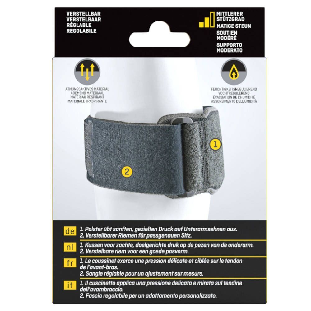 Close-up van de 3M™ Futuro™ Sport tenniselleboogbandage. Grijs materiaal, klittenbandsluiting. Label met productkenmerken en materialen.