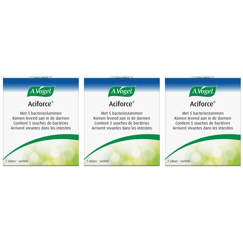 Drie dozen A. Vogel Aciforce. Blauw en witte verpakking met productnaam en tekst. Bevat 7 zakjes.