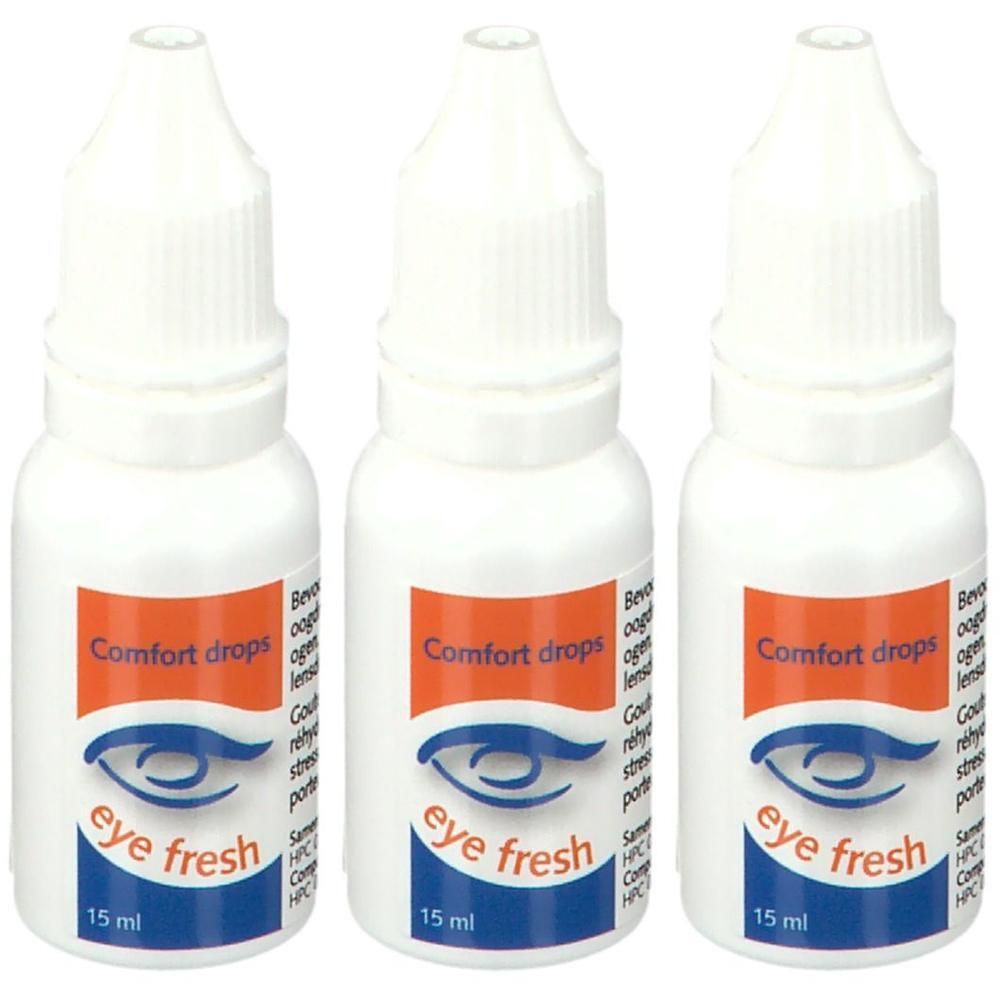 Drie flessen Eye Fresh Comfort drops. Witte flessen met oranje etiket en blauwe tekst. 15 ml.