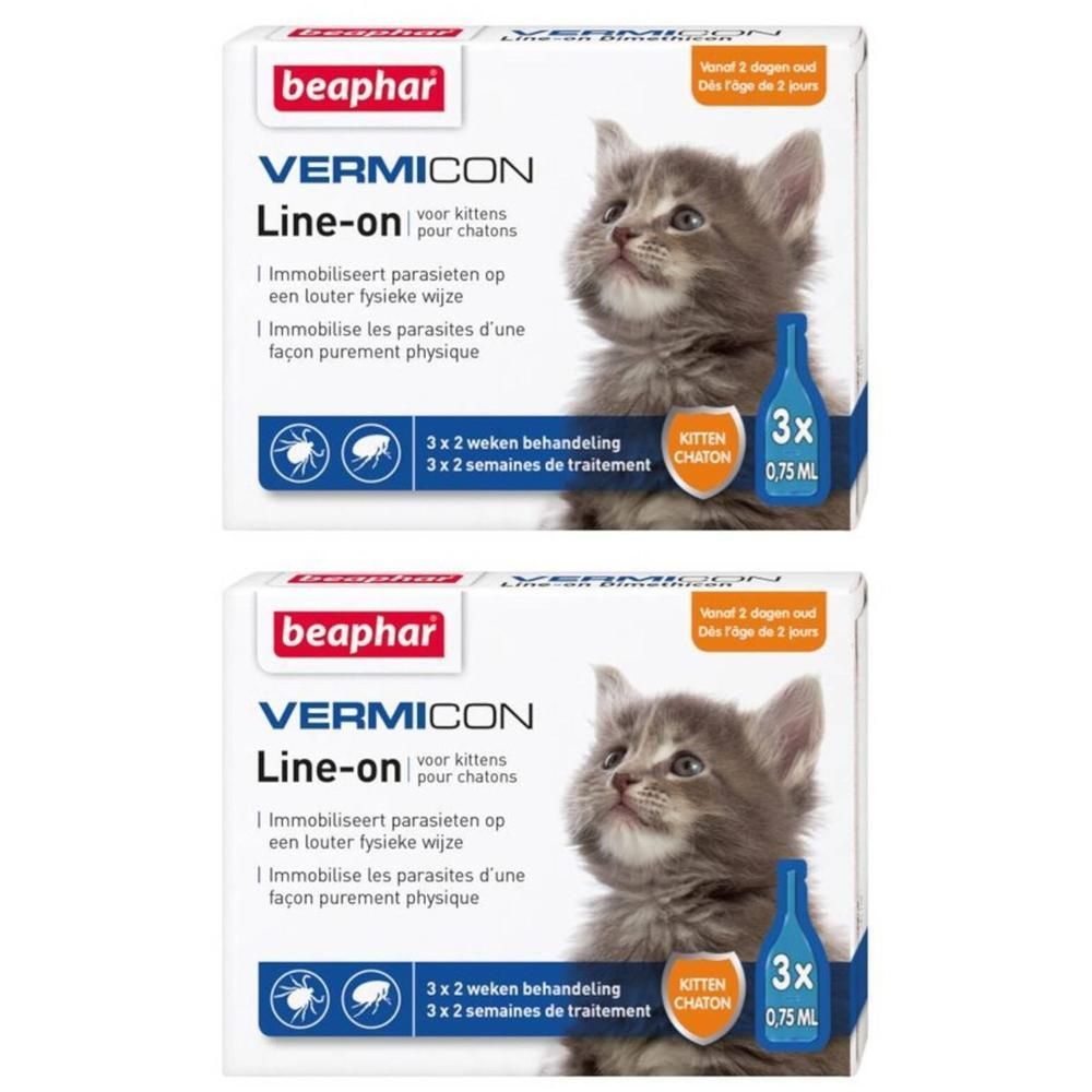 Twee dozen beaphar VERMICON Line-on voor chattons. Elke doos toont een kitten en een fles. Tekst: 3 x 0,75 ml.