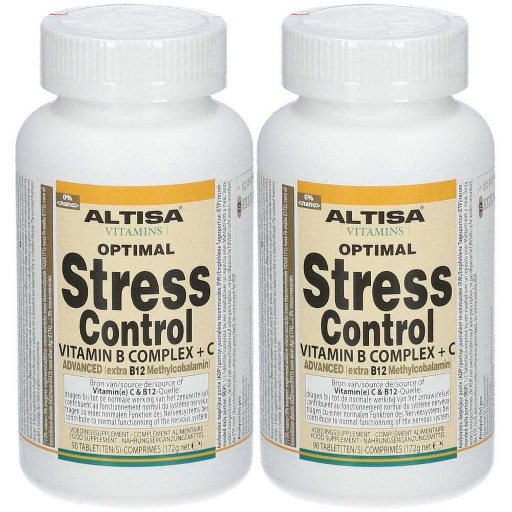 Deux flacons blancs avec étiquettes. Les étiquettes indiquent "ALTISA VITAMINS OPTIMAL Stress Control Vitamin B Complex + C Advanced".