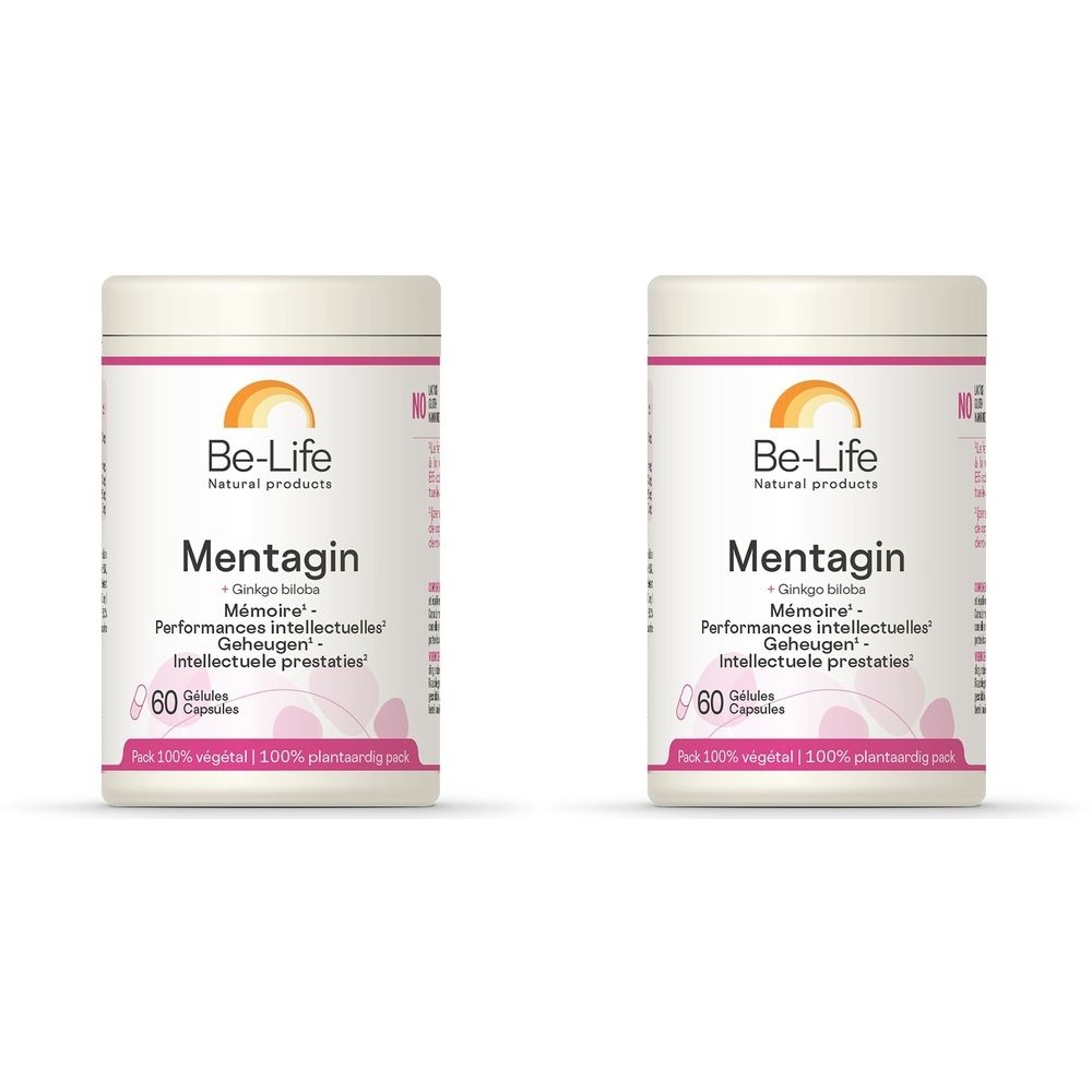 Twee witte potten met roze en oranje etiketten. Opschrift: Be-Life Mentagin, 60 capsules.
