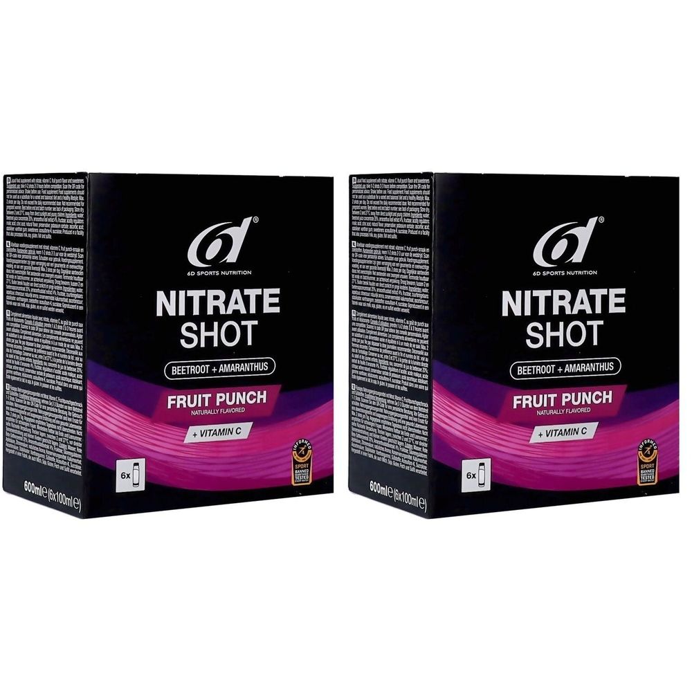 Twee zwarte dozen met "NITRATE SHOT". Opschrift "FRUIT PUNCH + VITAMIN C". Merk: 6d Sports Nutrition.