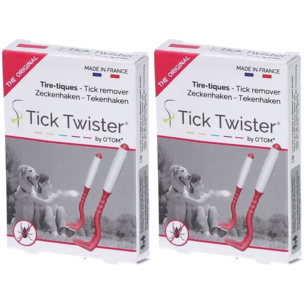 Twee verpakkingen van Tick Twister. Opschrift: Tick Twister by O'TOM. Rode en witte tekenhaken afgebeeld.