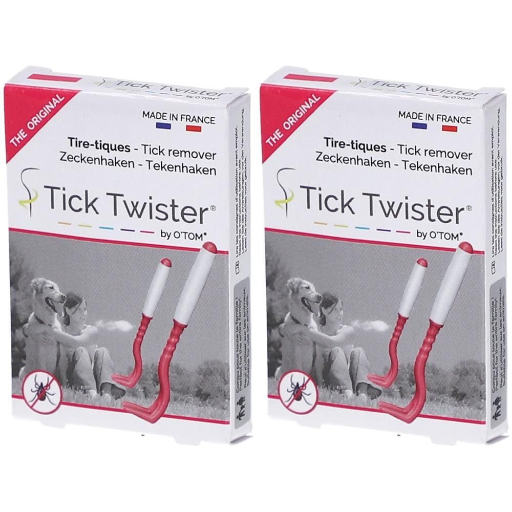 Twee dozen met tekenhaken. Rode haak met witte handgreep. Opschrift: Tick Twister by O'Tom.