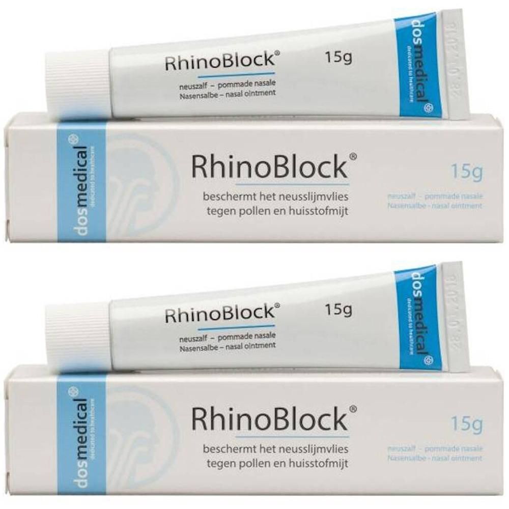Twee tubes en dozen RhinoBlock neuszalf. Opschrift: 15g. Blauw en witte verpakking.