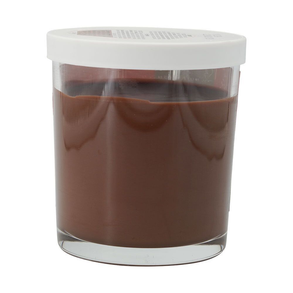 Pot de pâte à tartiner chocolat-noisette. Produit visible. Le couvercle est blanc. Aucun autre détail.