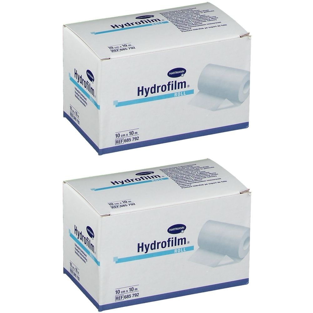 Twee dozen Hydrofilm. Opschrift: 10 cm x 10 m, REF 685 792. Afbeelding van een rol.