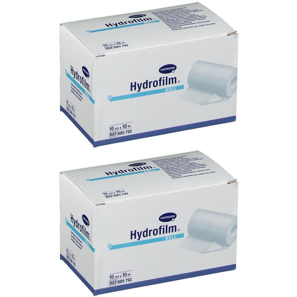Twee dozen Hartmann Hydrofilm Roll. Opschrift: 10 cm x 10 m. Logo en productnaam. Blauwe streep.