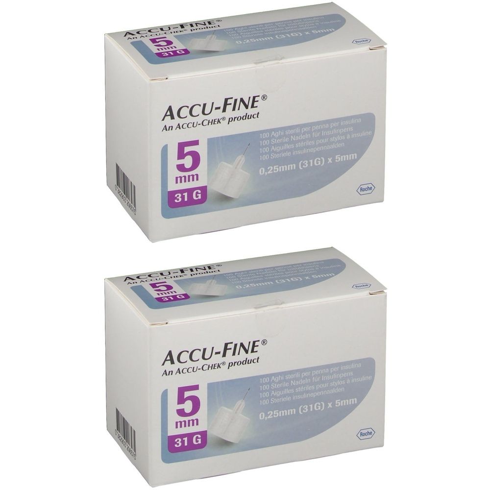 Twee dozen met productlabels. Opschrift: ACCU-FINE, 5 mm, 31 G, 0,25 mm (31G) x 5 mm.