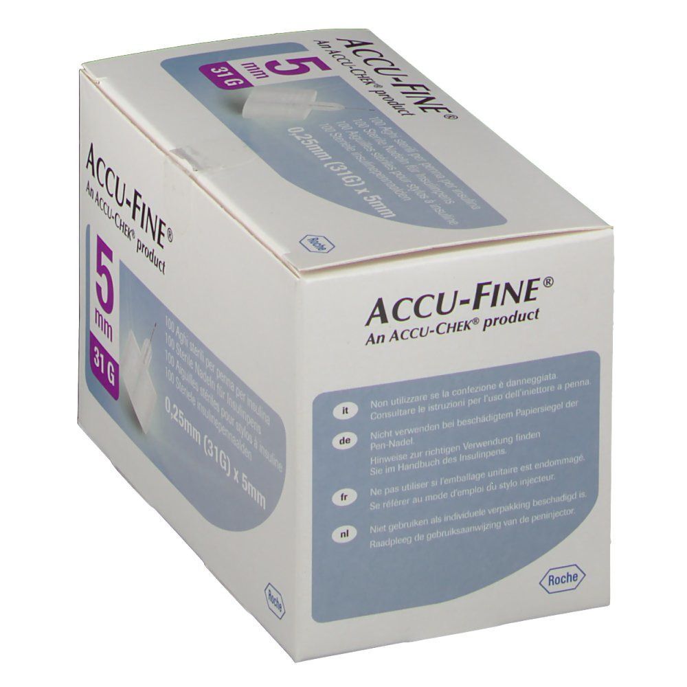Boîte ACCU-FINE® Aiguilles. Inscription: 5 mm, 31 G, 0,25 mm (31G) x 5 mm. Texte multilingue. Logo Roche.
