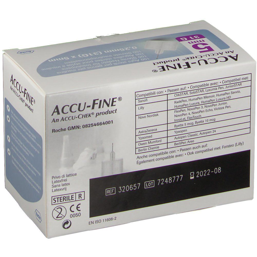 Boîte ACCU-FINE® Aiguilles. Inscription: 5 mm, 31 G, 0,25 mm (31G) x 5 mm. Liste de compatibilité. Symbole stérile. Logo Roche.