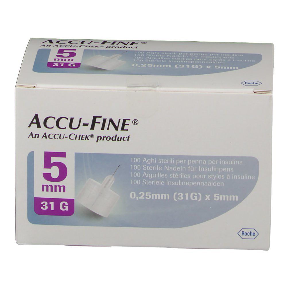 Boîte ACCU-FINE® Aiguilles. Inscription: 5 mm, 31 G, 0,25 mm (31G) x 5 mm. Texte multilingue. Logo Roche.