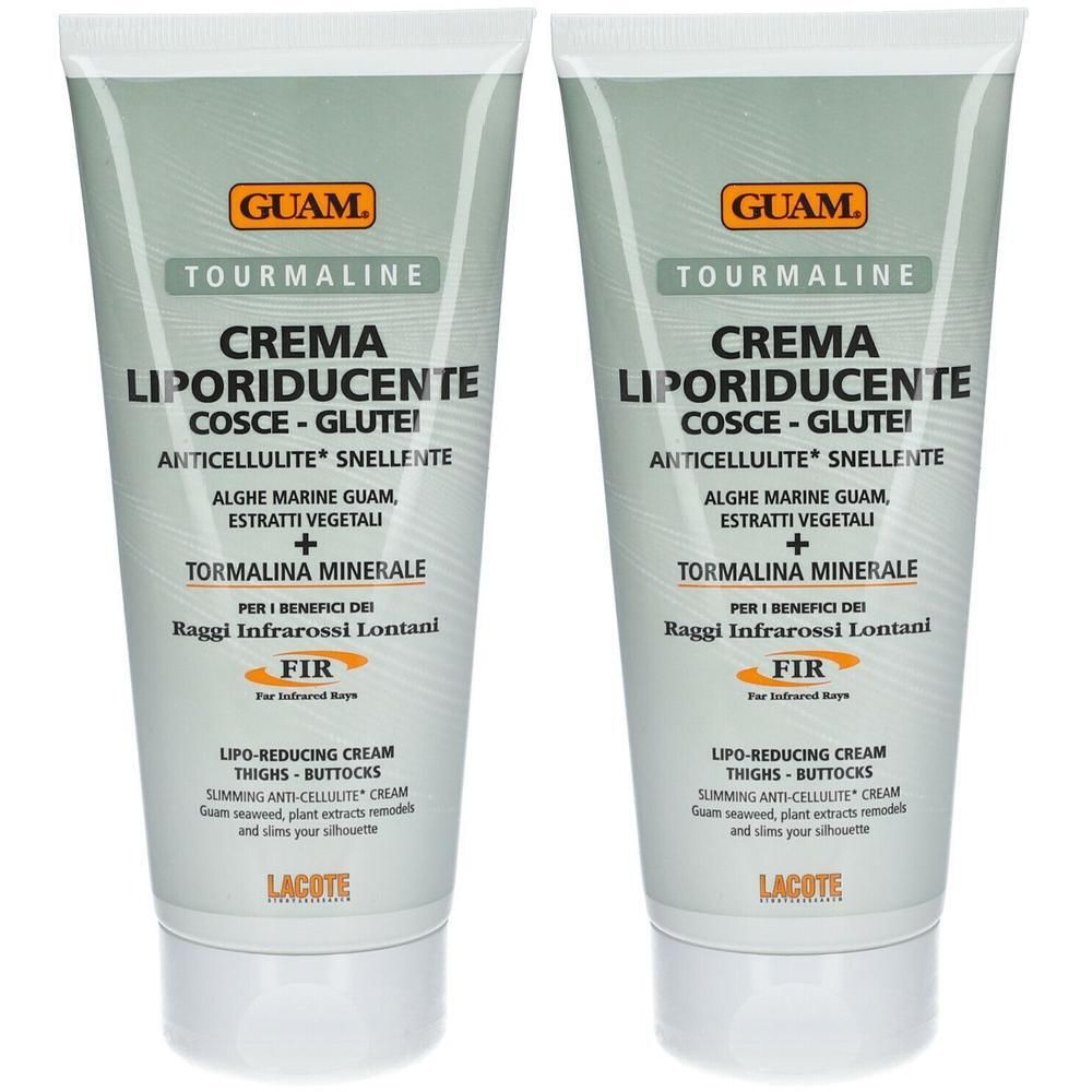 Twee tubes GUAM Tourmaline crème. Opschrift: Crema Liporiducente Cosce-Glutei. Wit-groene verpakking.