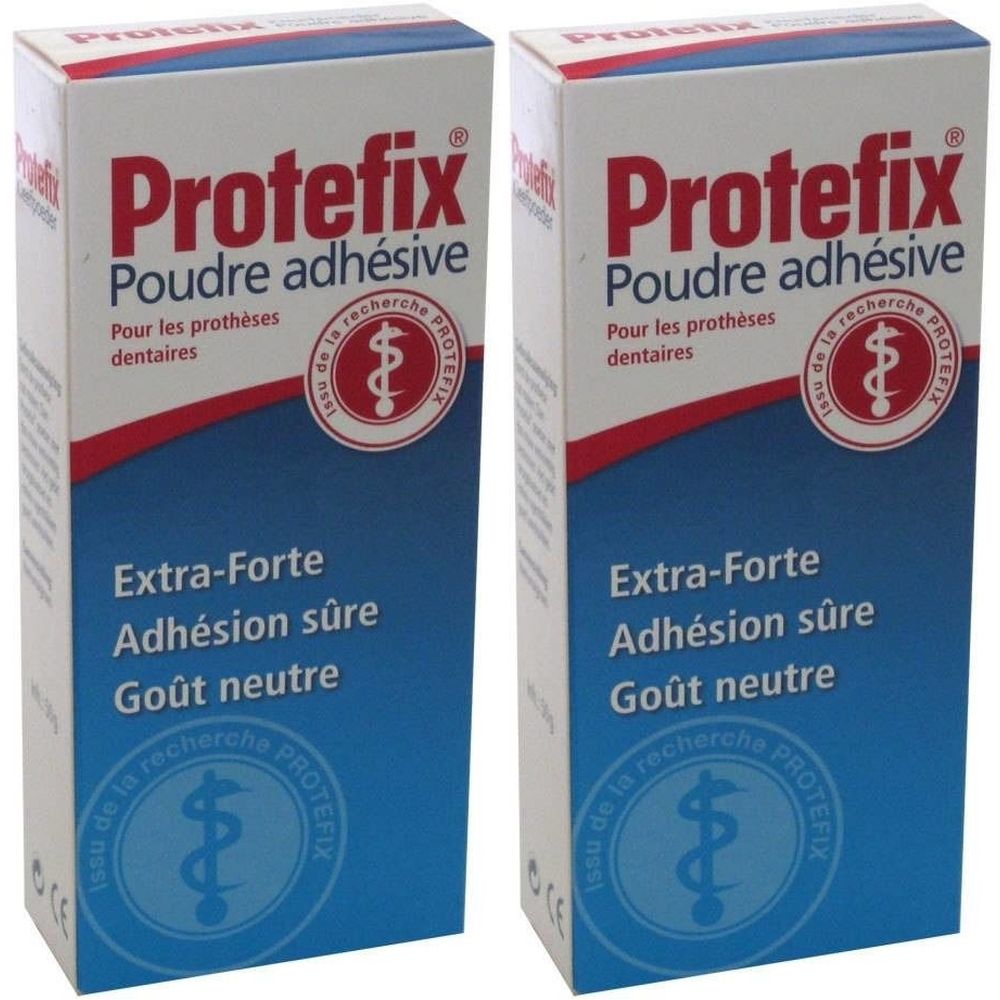 Deux boîtes de Protefix Poudre adhésive. Inscription: Extra-Forte, Adhésion sûre, Goût neutre. Pour prothèses dentaires.
