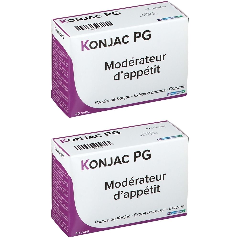 Deux boîtes blanches avec des accents violets. Inscription: KONJAC PG, Modérateur d'appétit. Contient 40 capsules.