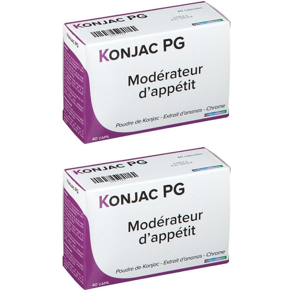 Twee dozen Konjac PG. Opschrift: Konjac PG, Eetlustremmer. Bevat 40 capsules. Witte en paarse verpakking.