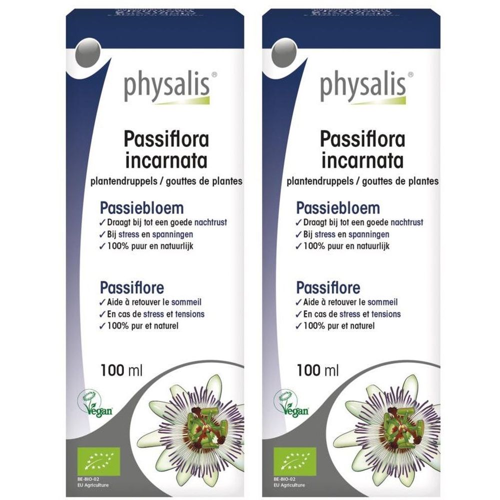 Deux flacons de Physalis Passiflora incarnata. Inscription : Passiebloem, Passiflore. Avec label Vegan et logo Bio UE. 100 ml.